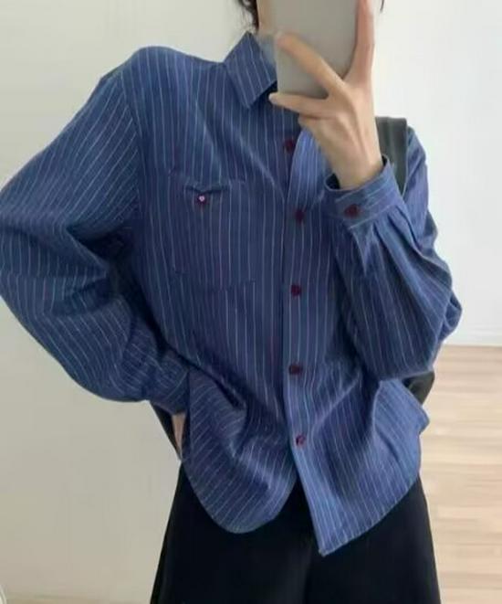 Women s 2026 Spring Slimming Korean Striped Polo Collar Long Sleeve Shirt M