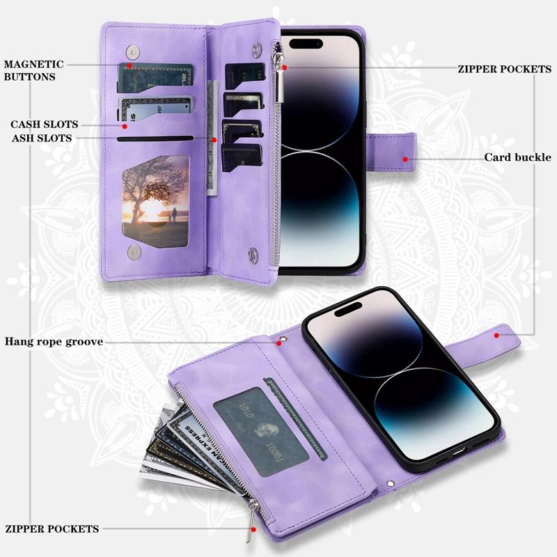 Luxury Zipper Wallet Case for iPhone 14 15 16 17 Pro Max Air 16E 13 12 11 Pro XR XS 7 8 SE Embossed Leather Card Slot Phone Bag