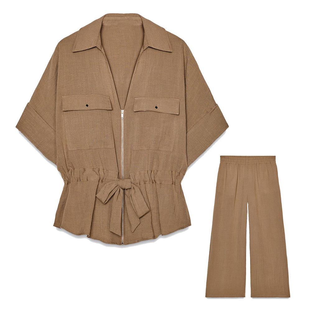 European Chic Old-Money Style Summer Two-Piece: Short-Sleeve Shirt & Wide-Leg Pants for Women