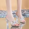 Fashion 2024 Summer Round Head Open Toe Fashion Transparent Sexy Flower Women's Slippers Crystal Heel New High Heel Sandals Women