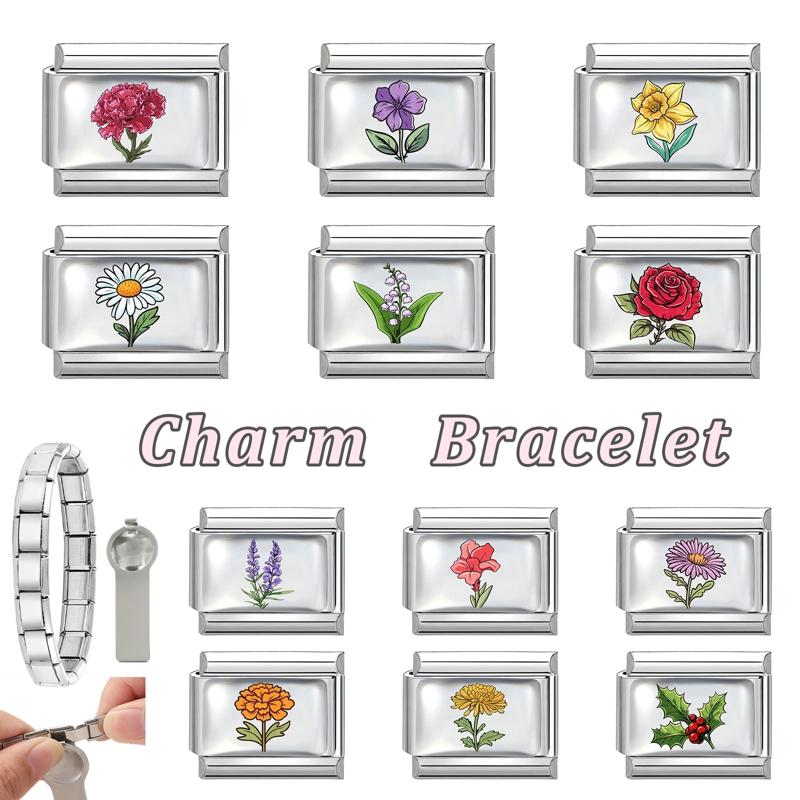 Fashion Violet Rose Daisy Sunflower Lavender Flowers Italian Beads Fit 9mm Stainless Steel Bracelet Making DIY Charm Jewelry