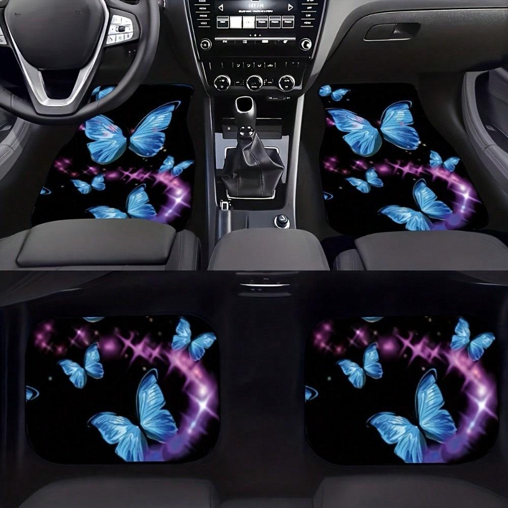 Suitable for all car models, 4pcs butterfly theme pattern car floor mats, all-season vehicle floor mats, with anti-slip base