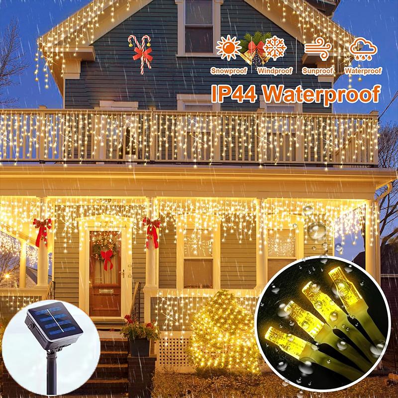 Solar Curtain Icicle Lights Outdoor Eaves Decoration Lights 8 Lighting Modes Wedding Christmas Party Garden Fairy Lights String