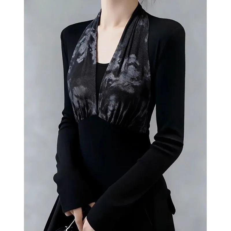 Retro Splicing V-neck Bottoming Shirt T-shirt for Women to Wear Autumn Winter Waist Slim Long-sleeved Top