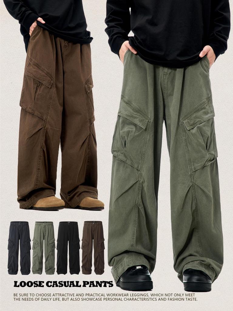 11KN Unisex Retro Wide Leg Work Pants with 3D Pockets - Pleated, Loose, Slimming, Casual, Long Fit