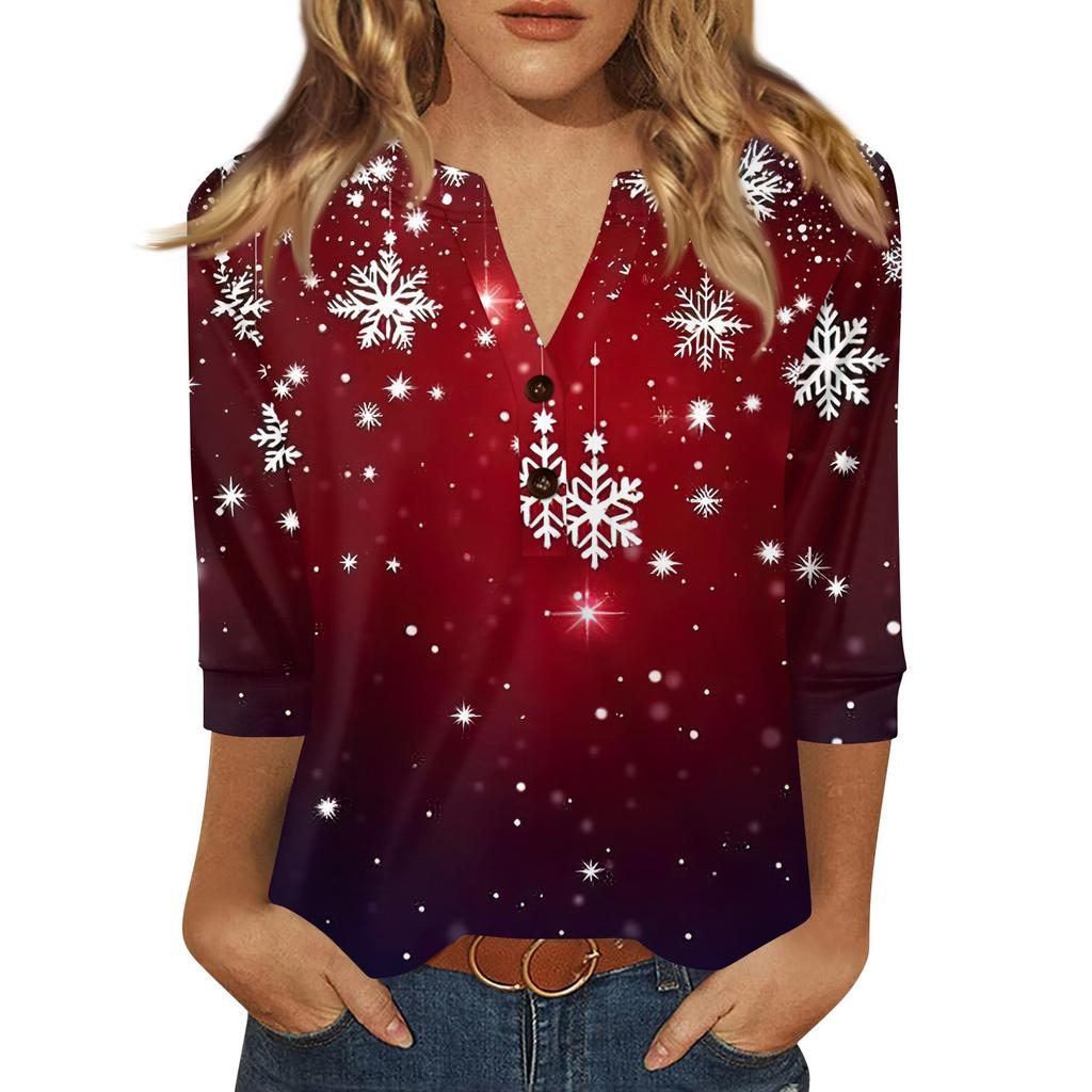 Women's T Shirt Christmas Print Button 3/4 Sleeve Daily Weekend Fashion Basic V- Neck Regular Top
