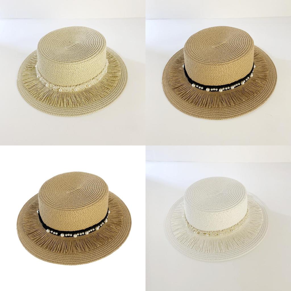 Women's Vintage Pearl Tassel Sun Hat French Retro Wide Brim Straw Hat