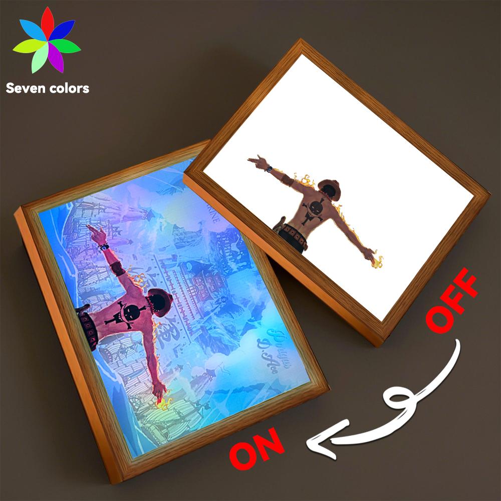 

7-цветный светодиодный ночник Аниме Световая картина Фоторамка Луффи Зоро из One Piece Светящееся настенное искусство для декора спальни, офиса, подарок A5(23x17cm)&USB Plug