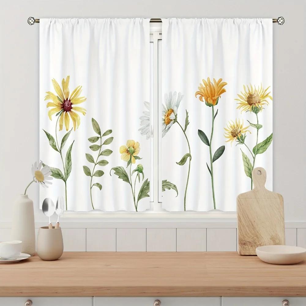 Farmhouse Panel Set Yellow Sunflower Kitchen Curtains Decor Gifts Short Cafe Rustic Country Small Window Made Of Polyester