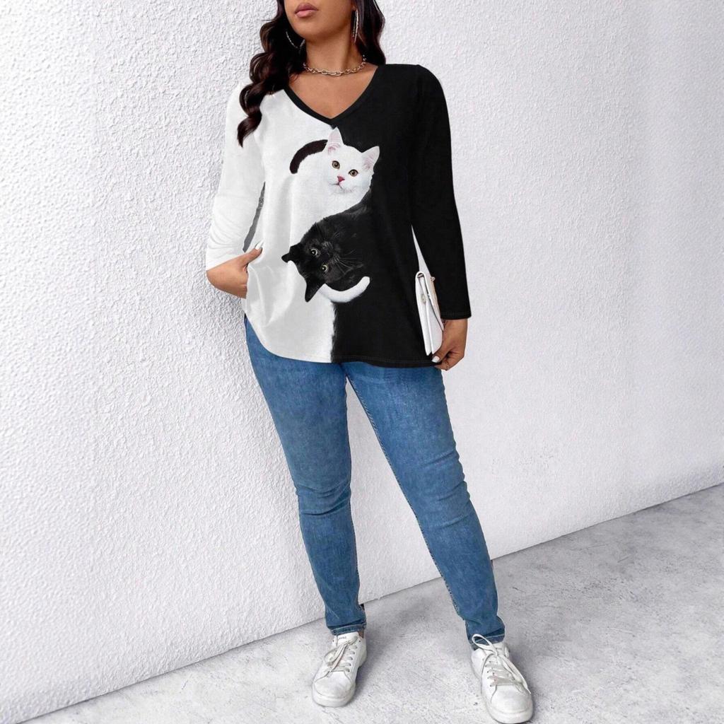 V-neck Cat Gradient Print New Style Daily Casual Long-Sleeved T-Shirt