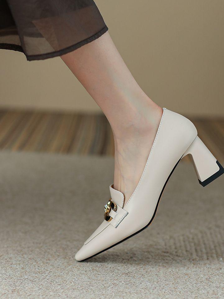 Nude loafers women's 2025 autumn new pointed high heels thick heel leather shoes niche design French single shoes