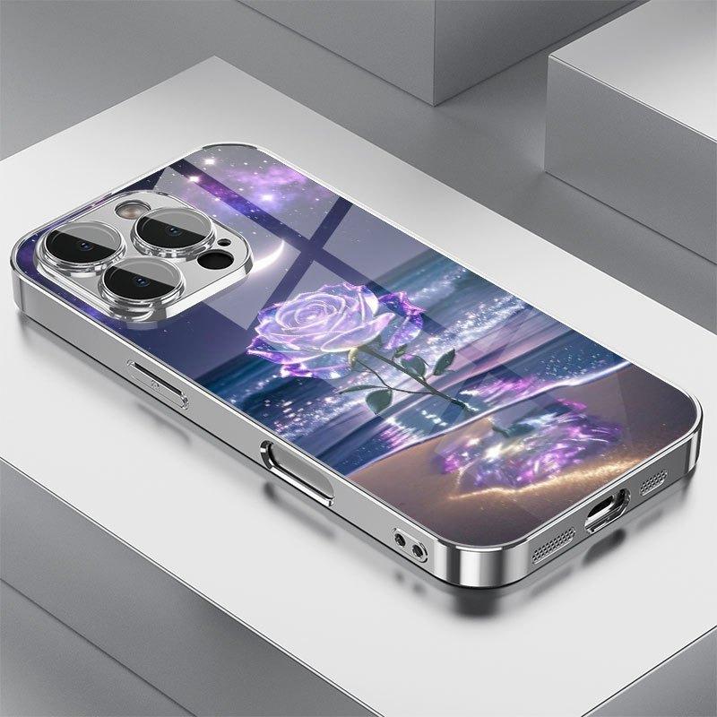 

Purple Seaside Rose Pattern Tempered Glass Electroplated Silver Phone Case For Samsung Galaxy S23 S24 S25 Ultra Plus FE Cover Galaxy S23+