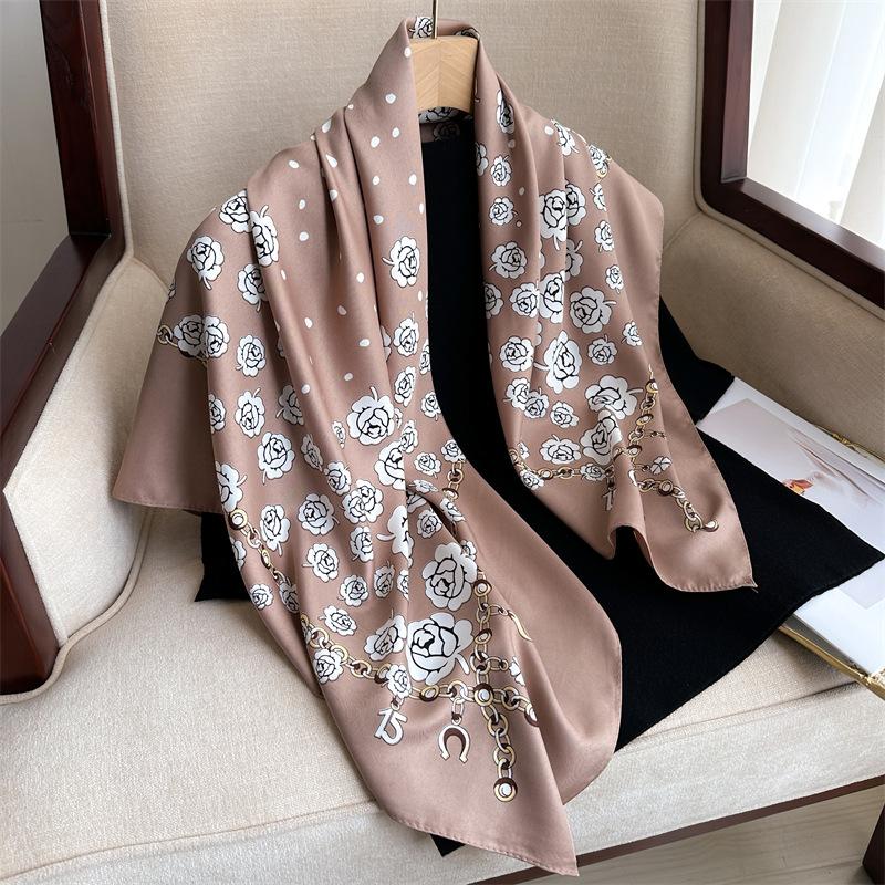 90cm Floral Print Silk Square Scarf Women Luxury Satin Shawls Neckerchief Wrap Scarves Bandana Hair Hjiab Bohemian