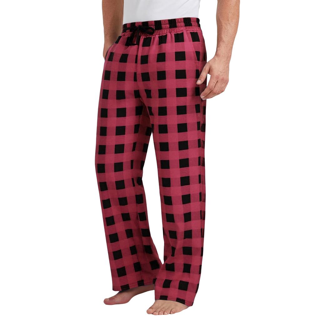 Men's Drawstring Plaid Print Pants - Long Casual Trousers With Belted Pockets
