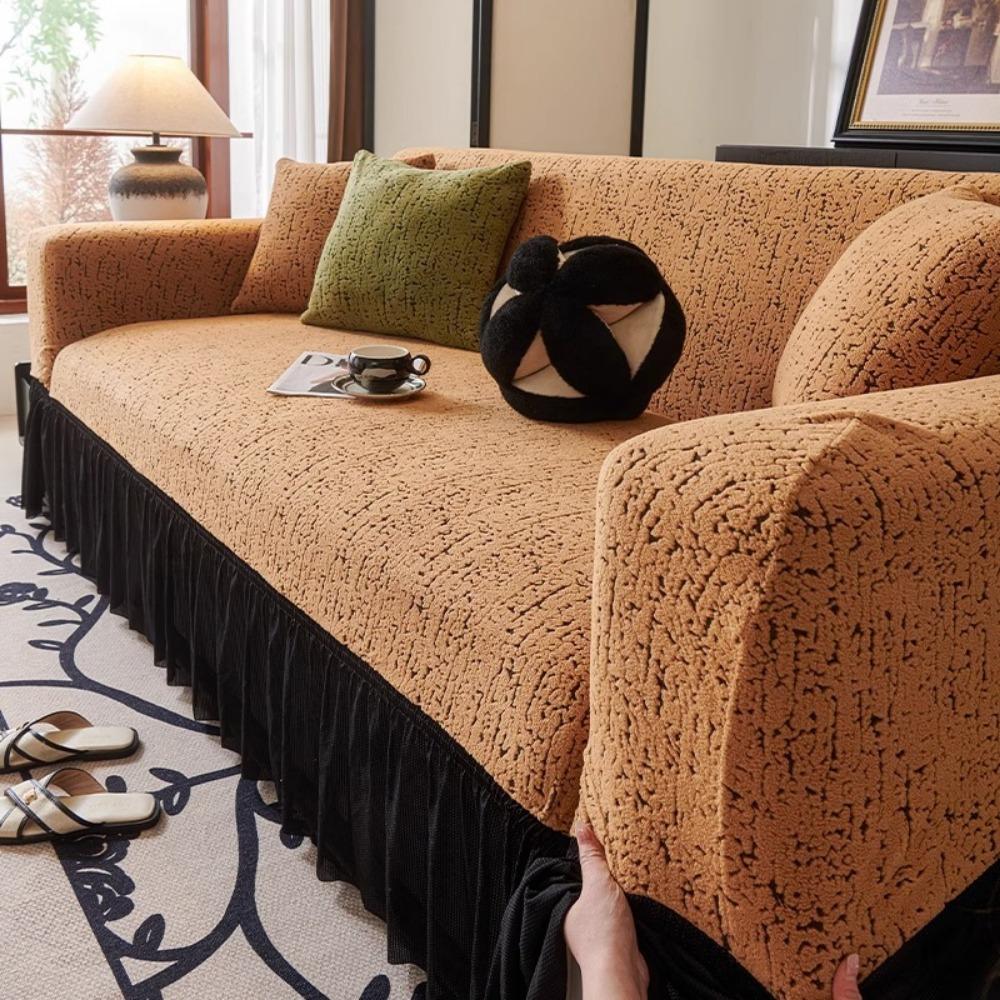 Jacquard Sofa Cover with Skirt Universal Full Coverage Stretch Slip Proof Fabric Couch Dust Protector