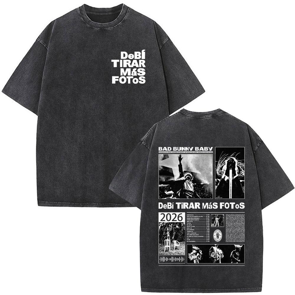 Washed Vintage Rapper Bad Bunny Tshirt Debi Tirar Mas Fotos DTMF World Tour T Shirts Men Women Fashion Hip Hop ONeck Tshirts