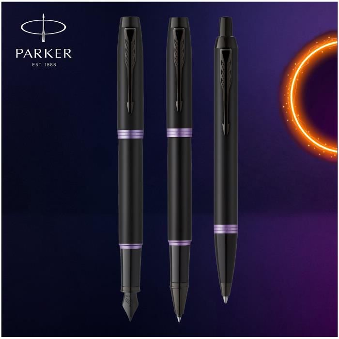 Stylo Roller - Parker IM Vibrant Rings - Satin Noir Laqué - Bagues Améthyste - Pointe Fine