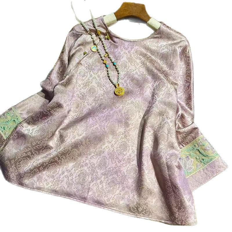 2026 Spring Women's Retro Golden Thread Jaquard Long Sleeve Top - Chinese Style Round Neck Shirt