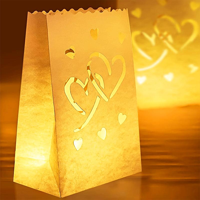 10pcs LED Candle Bag White Paper Lantern Romantic Heart Shaped Tea Light Holder Christmas Party Outdoor Party Wedding Decoration