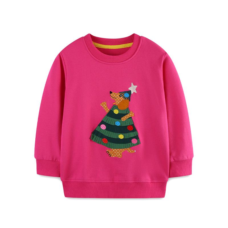 Girls Christmas Print Knitted Cotton Hoodie - Autumn Style, European & American Design, Long Sleeve, Round Neck. 100cm