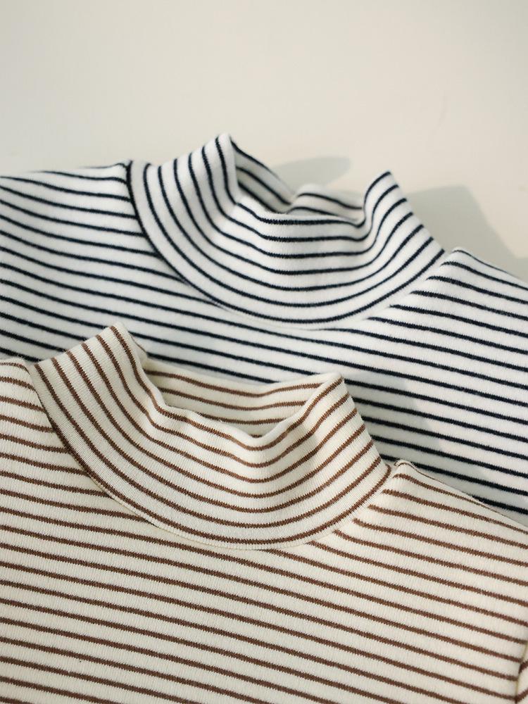 Kids' Winter Striped Velvet-Enhanced Thick Warm High-Collar Long-Sleeve T-Shirt