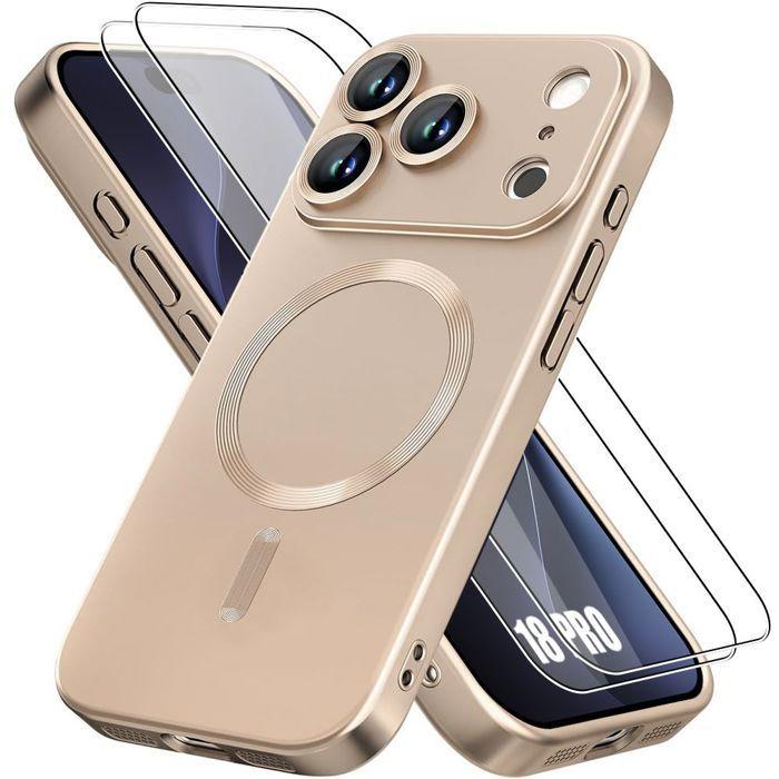Coque pour iPhone 18 Pro, TPU Anti-Rayures Antichoc avec Cercle Magnétique Doré - 2 Verres Trempés