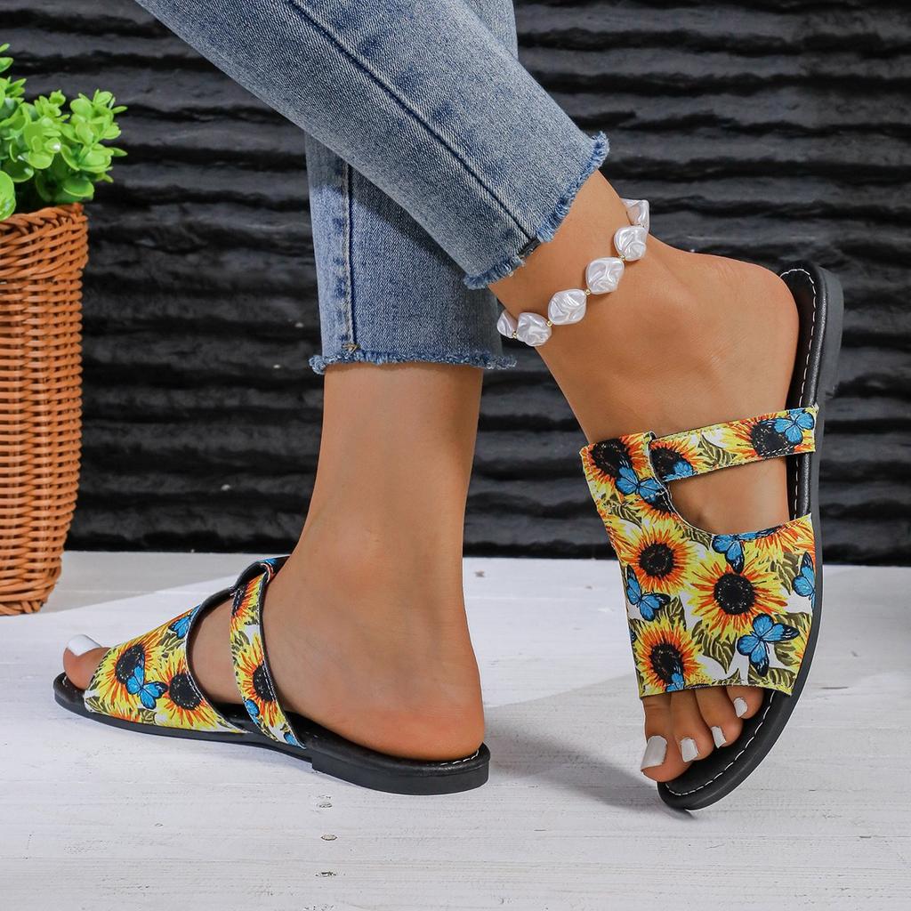 2024 Summer New Models, Breathable Printing Color Matching Roman Style Sandals Women's European and American Style Flat-bottomed Cool Slippers