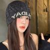 Korean Style Highlight Letters Black Knitted Baotou Hat for Women Showing Face Small Versatile Pile Hat Big Head Circumference Pullover Cold Hat