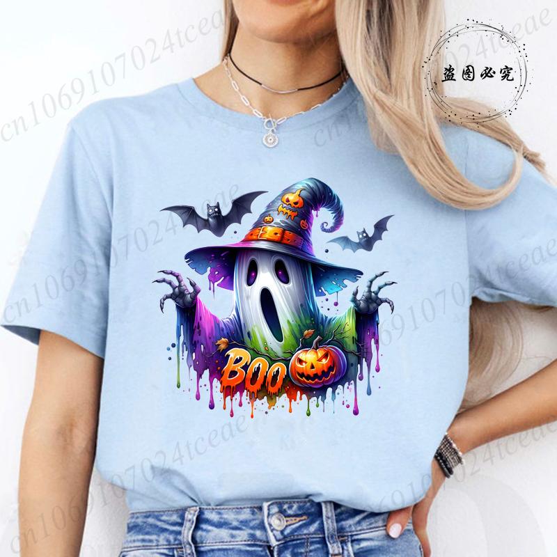 Women Cute Spooky Witch Print T Shirt Graphic Harajuku Streewear Halloween Horror Graphic Tee Clothes Causal Female Y2K Tops Tee