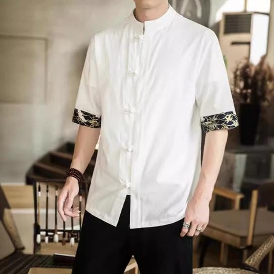 

Мужская рубашка, винтажный китайский стиль, пуговицы с узлом, однобортный воротник-стойка, средние рукава, манжеты с принтом, большой размер, контрастный цвет, кардиган, топ M белый