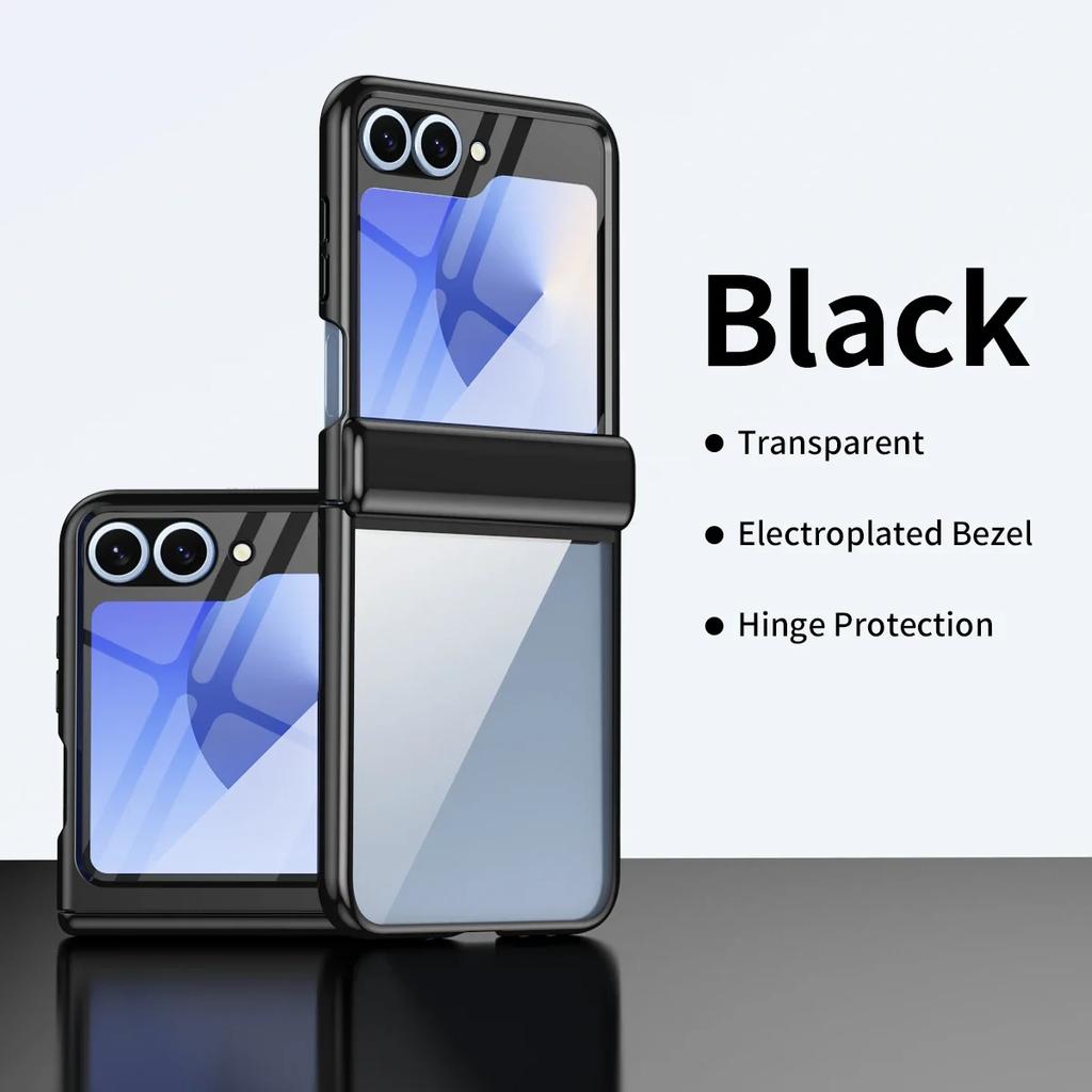 Electroplated Transparent Phone Case for Samsung Galaxy Z Flip 7 Fe 6 5 4 with Hinge Protection and Tempered Film Cover