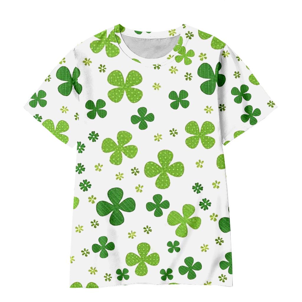 Summer Round Neck 3D Green Magic Hat with Clover Print Top Fashionable Casual Short Sleeved Children's Boy and Girl T-shirts