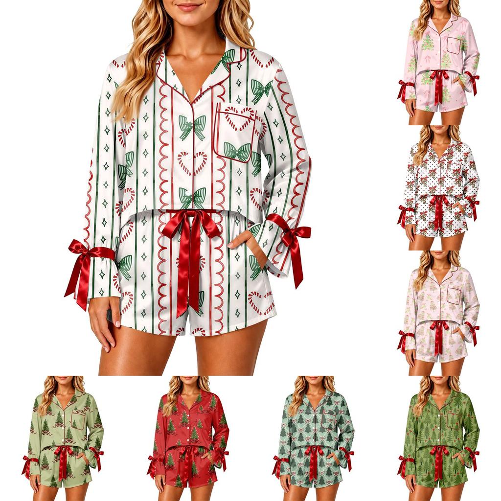 Women's Christmas Pajama Set with Button-Down Shirt and Shorts for Holiday Sleepwear