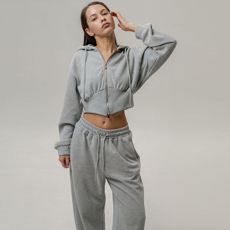 Casual Solid Color Hoodies Pants Set Women Long Sleeve Zipper Short Sweatshirt Slim Drawstring Trouser 2026 Spring Autumn New Lady Tracksuit