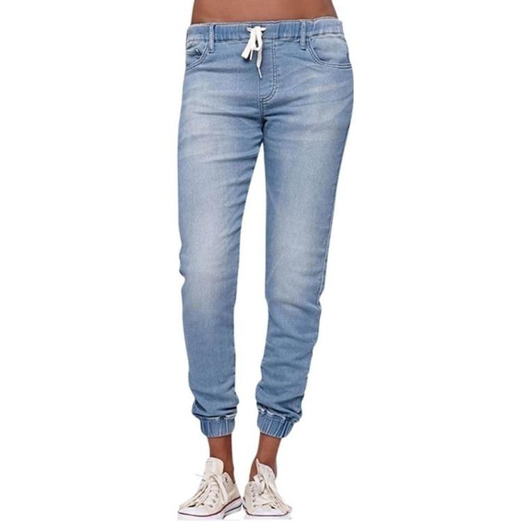 Plus Size Casual Denim Pants Women Loose Elastic Waist Jeans with Drawstring Long