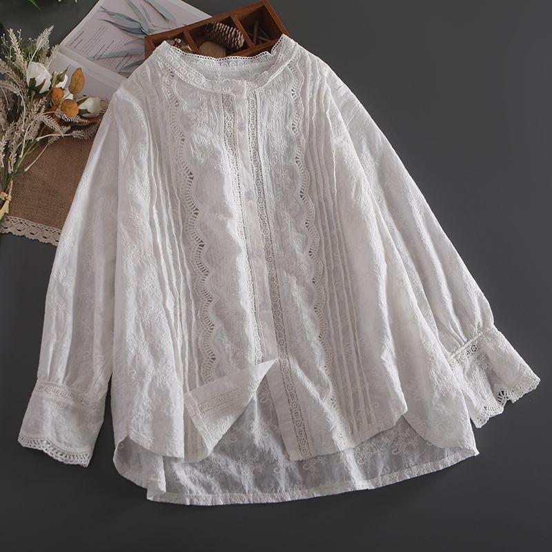 

Organ Pleated Patchwork Edge Embroidered round Neck Shirt Women s Style Easiest for Match Front Short Back Length Cardigan New Arrival Doll Shirt White One size