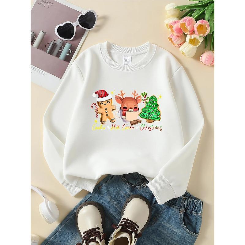Cookie Hot Cocoa Christmas Reindeer Tree Girls' Crewneck Sweatshirt | Autumn and Winter Western Style Top