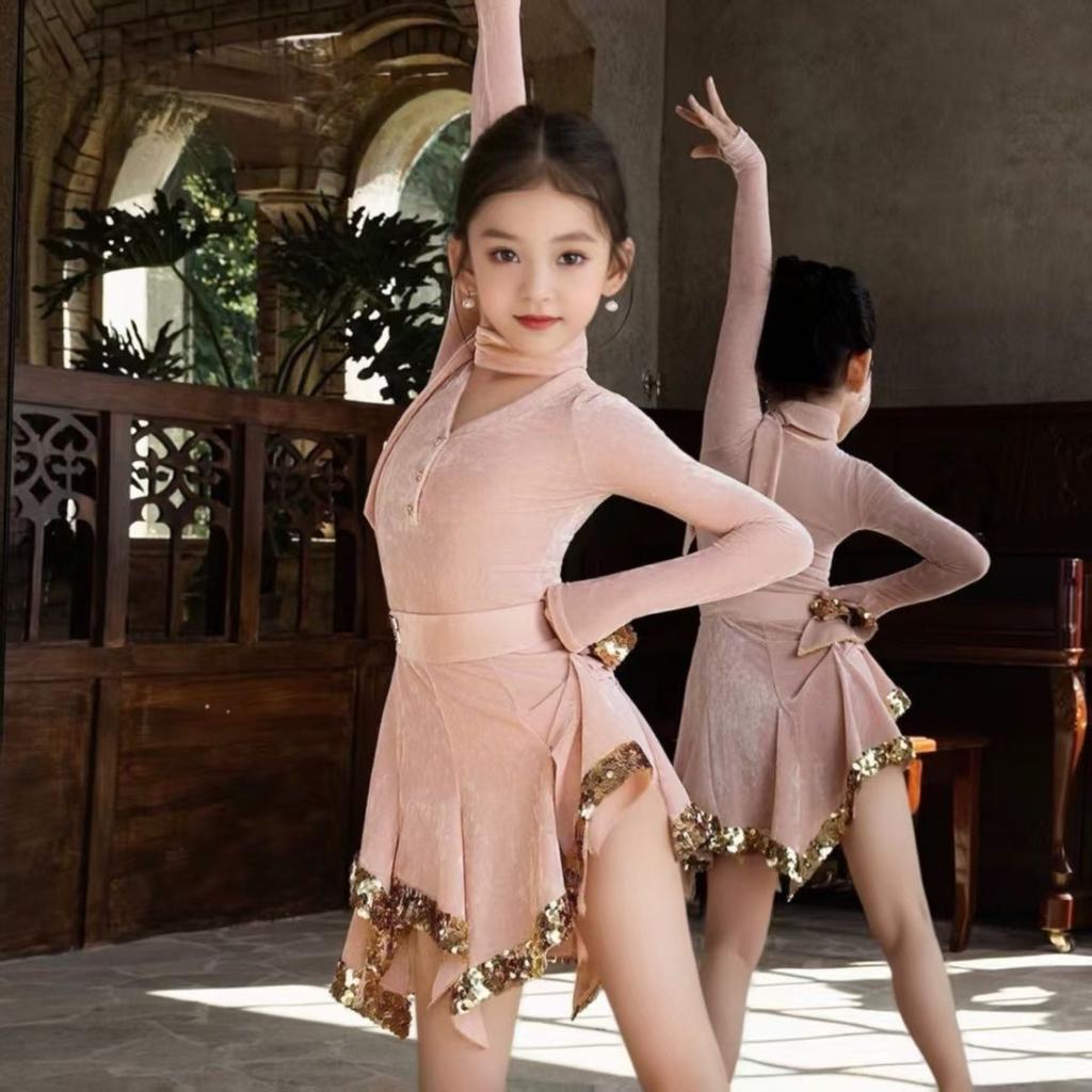 Latin dance clothing women latin american dance dress pink long sleeve girl stage costume velvet line dance clothing dance wear