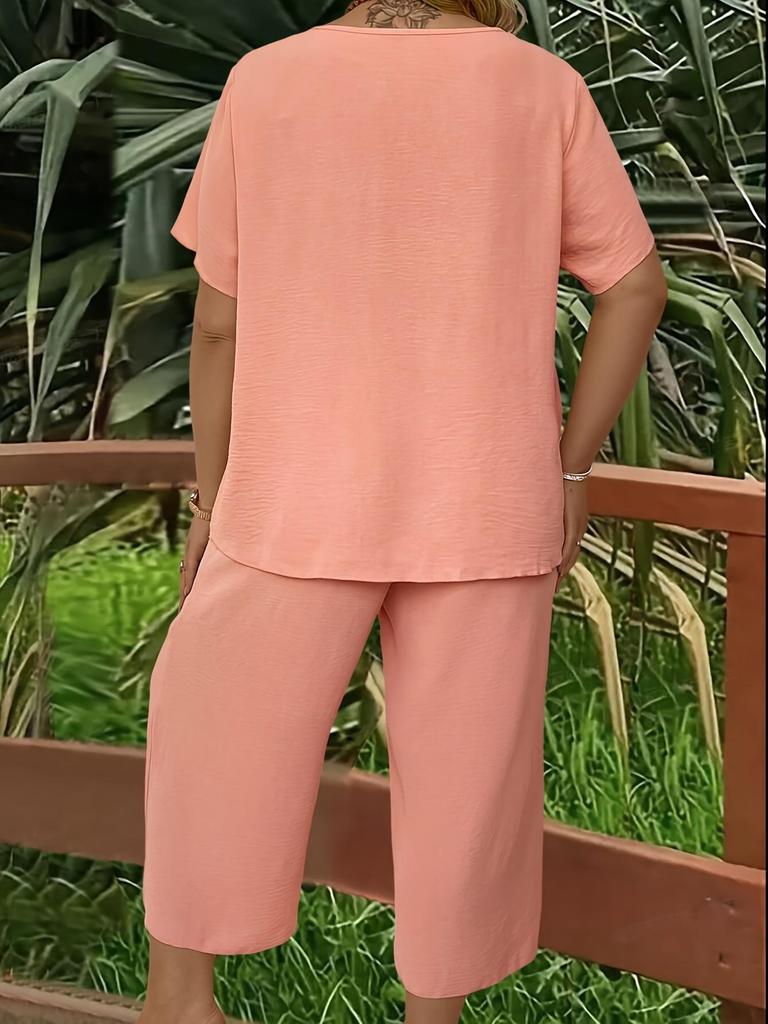 Women's Plus Size Elegant V-Neck Short Sleeve Top and Wide-Leg Pants Set - Solid Colors for Spring, Summer, and Autumn.