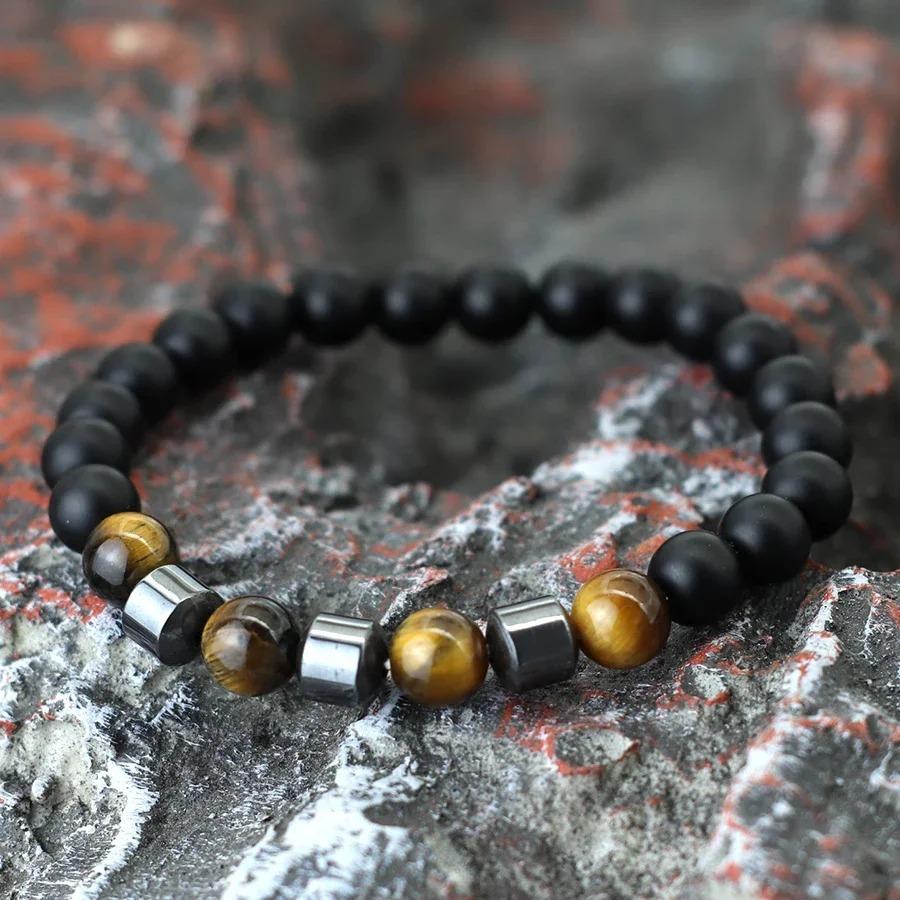 Unique Natural Colourful Stone Bracelet Men 8mm Howlite Tiger Eyes Hematite Beads Energy Bangles Meditation Leisure Homme Joias