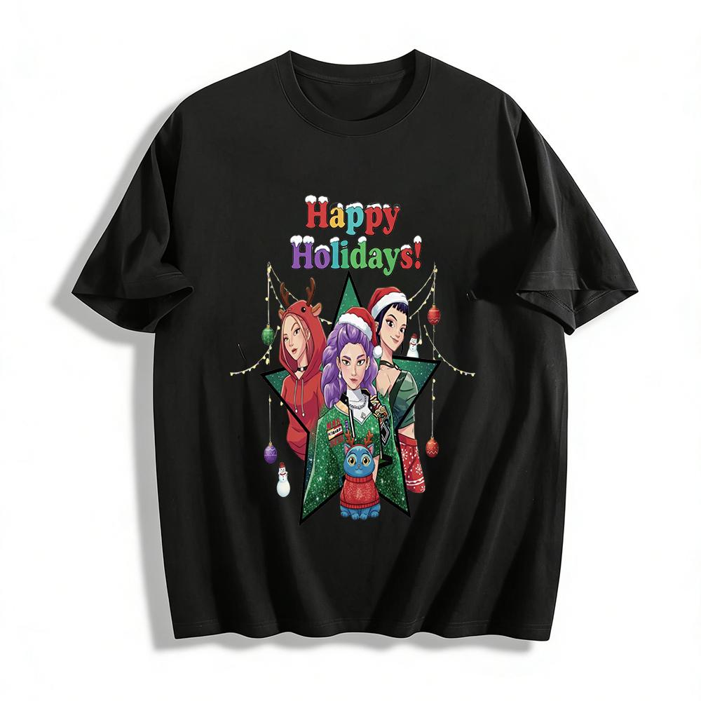 Happy Holidays Anime Girls & Cat Graphic Sweatshirt Festive Christmas Casual Pullover For Teens Pure cotton T-shirt XXS