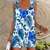 Women Plus Size Black White Tropical Leaf Printed Ring Strap Sleeveless Tank Top Pocket Shorts Two Piece Set
