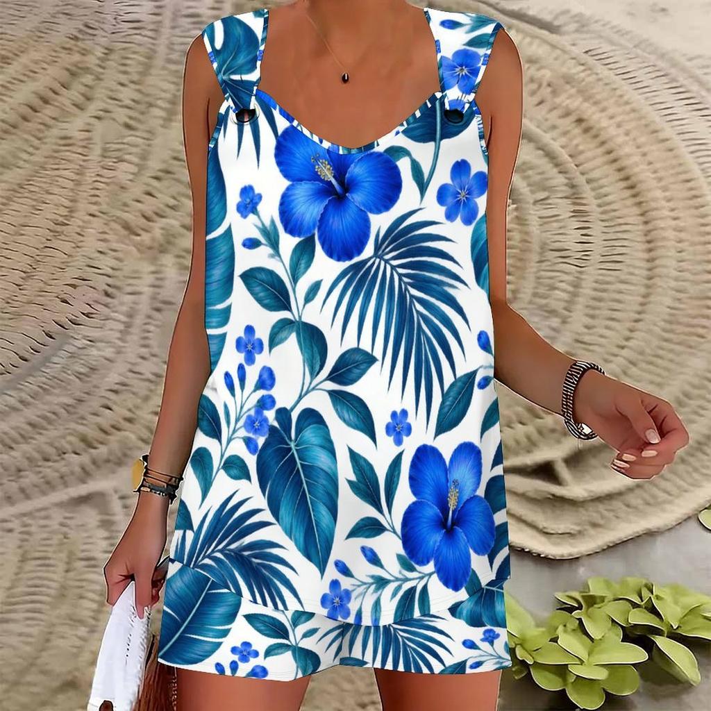 Women Plus Size Black White Tropical Leaf Printed Ring Strap Sleeveless Tank Top Pocket Shorts Two Piece Set
