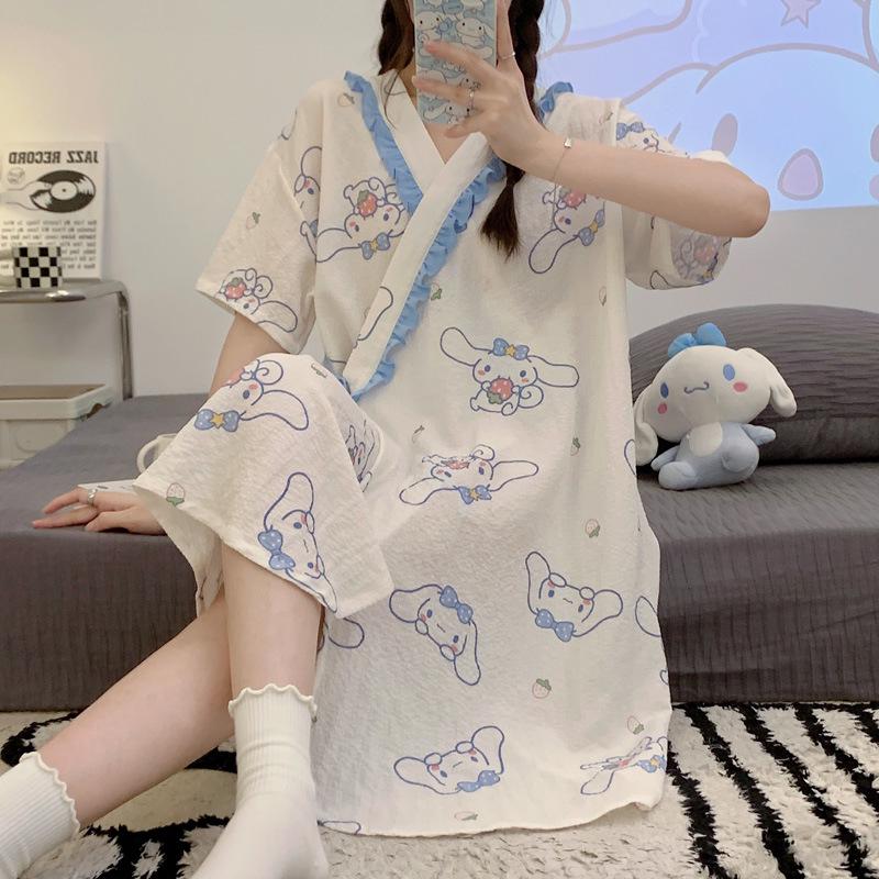 2025 Summer Kimono Maternity Nightdress - Crinkle Cotton, Postpartum Mid-Length, Short Sleeve Nursing Dress