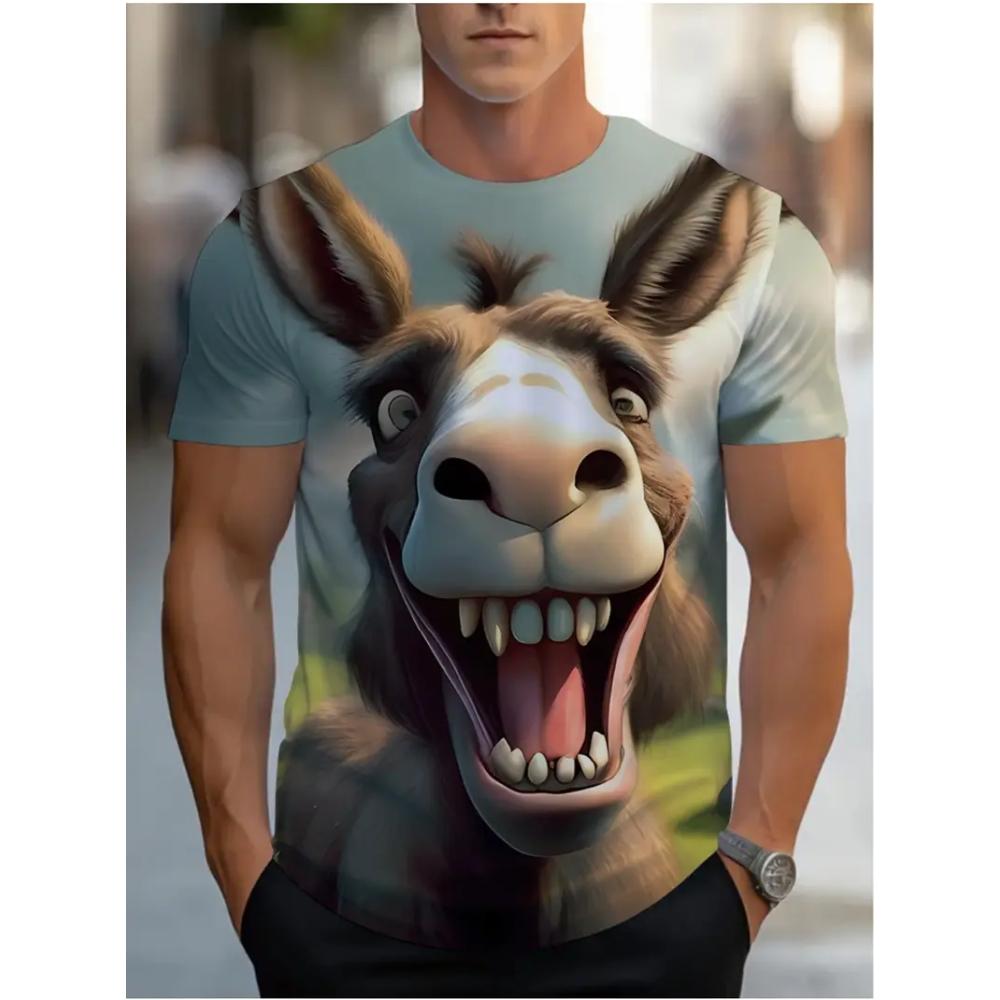 Men's Fun Cartoon Donkey Print Short Sleeve Cute Round Neck T-Shirt, Lightweight Quick-Dry Spring and Summer Travel Beach Top