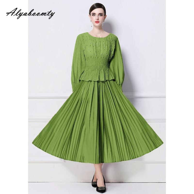 

Весенне-осеннее женское макси длинное платье с круглым вырезом, серое, черное, зеленое, коричневое, розовое, красное, лоскутное платье, романтичная вышивка бисером, вечернее платье с плиссировкой, элегантное, женственное One Size зелёный