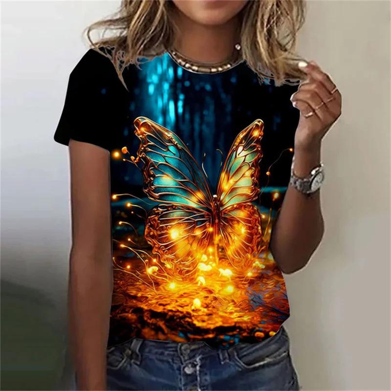 Summer Round Neck Butterfly Pattern 3D Print Top Fashionable Casual Short Sleeved Women's T-shirts