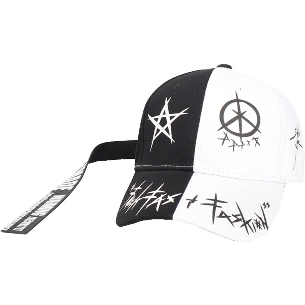 Hat Cap Star Peace Cool Sports Casual Monotone CZ525 Black [White Fang] Men's Women's (Two-tone Belt)