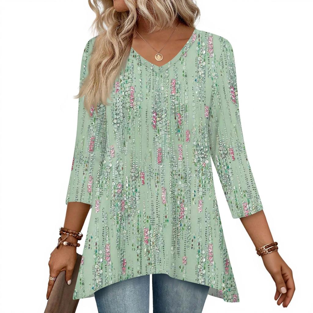 Womens Tops V-neck 3/4 Sleeve Blouses Casual Mid-length Shirts Fashion Print Tunic Tops