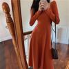 Retro long dress looks thin and tall temperament Muse Fan light and familiar style square neck long sleeve knitted dress women's autumn and winter